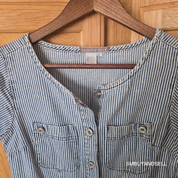 Isabella Bird Women's 4P Blue Railroad Striped Midi Sleeveless Button Down Dress - Picture 3 of 12